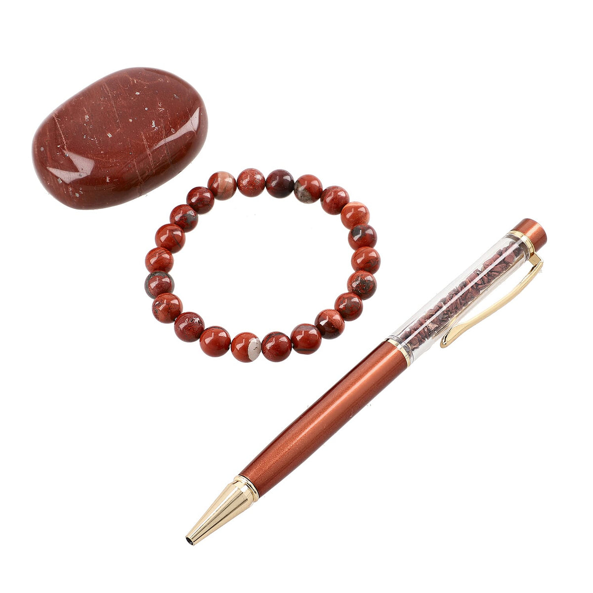 Set of 3 Beautiful Jasper Gift Set: Crystal Palm Stone, Beaded Bracelet, Gem Pen - Red V32516348 0
