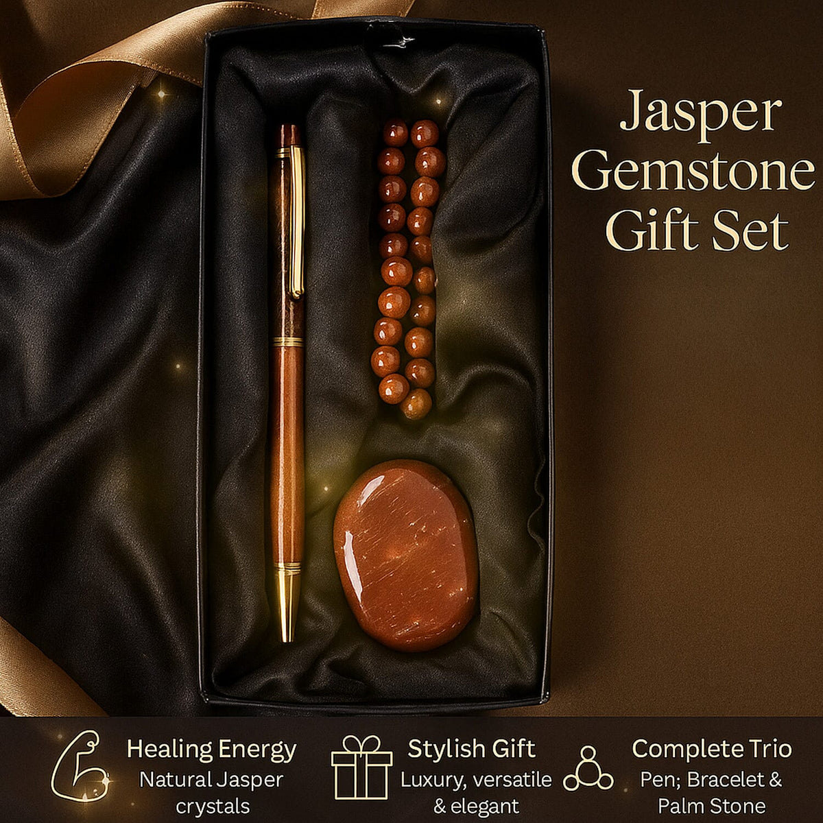 Set of 3 Beautiful Jasper Gift Set: Crystal Palm Stone, Beaded Bracelet, Gem Pen - Red V32516348 5