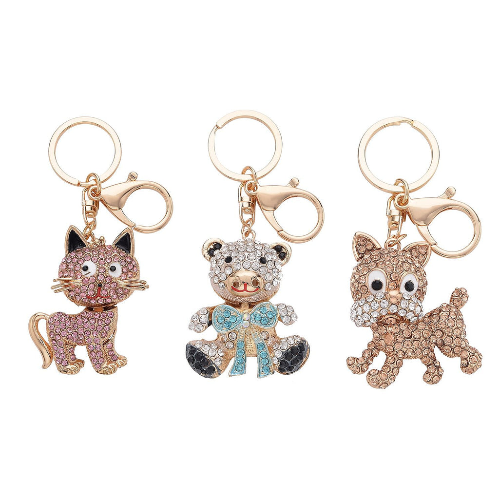 Set of 3 - Black & Pink Crystal, Orange Cubic Zirconia Enamelled Key Chain