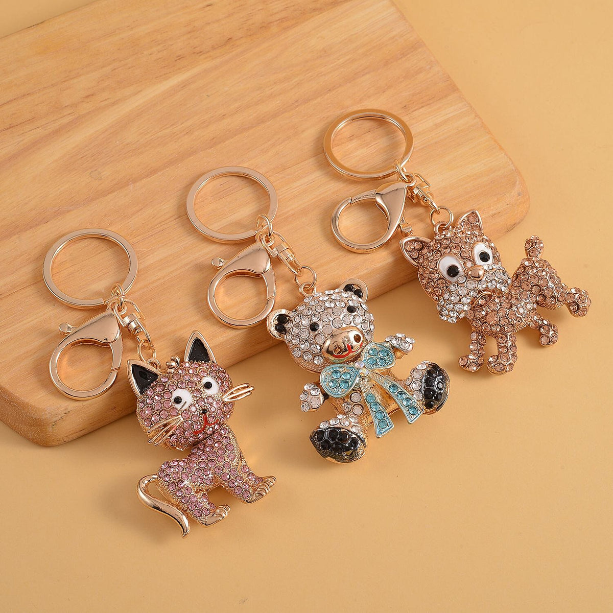 Set of 3 - Black &amp; Pink Crystal, Orange Cubic Zirconia Enamelled Key Chain V32698803 2