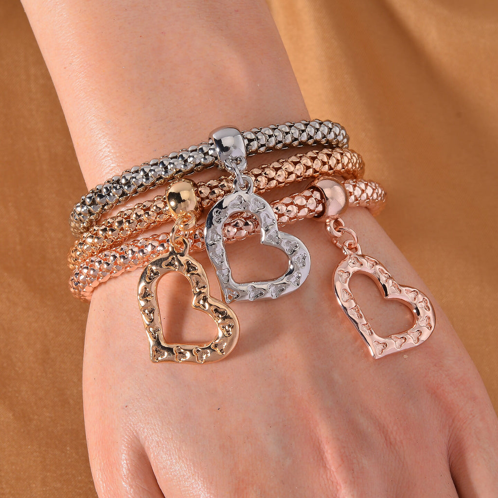 Set of 3 - White Austrian Crystal Heart Charms Bracelet (Size 7.5)