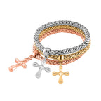 Set of 3 - White Austrian Crystal Cross Charms Bracelet (Size 7.5)