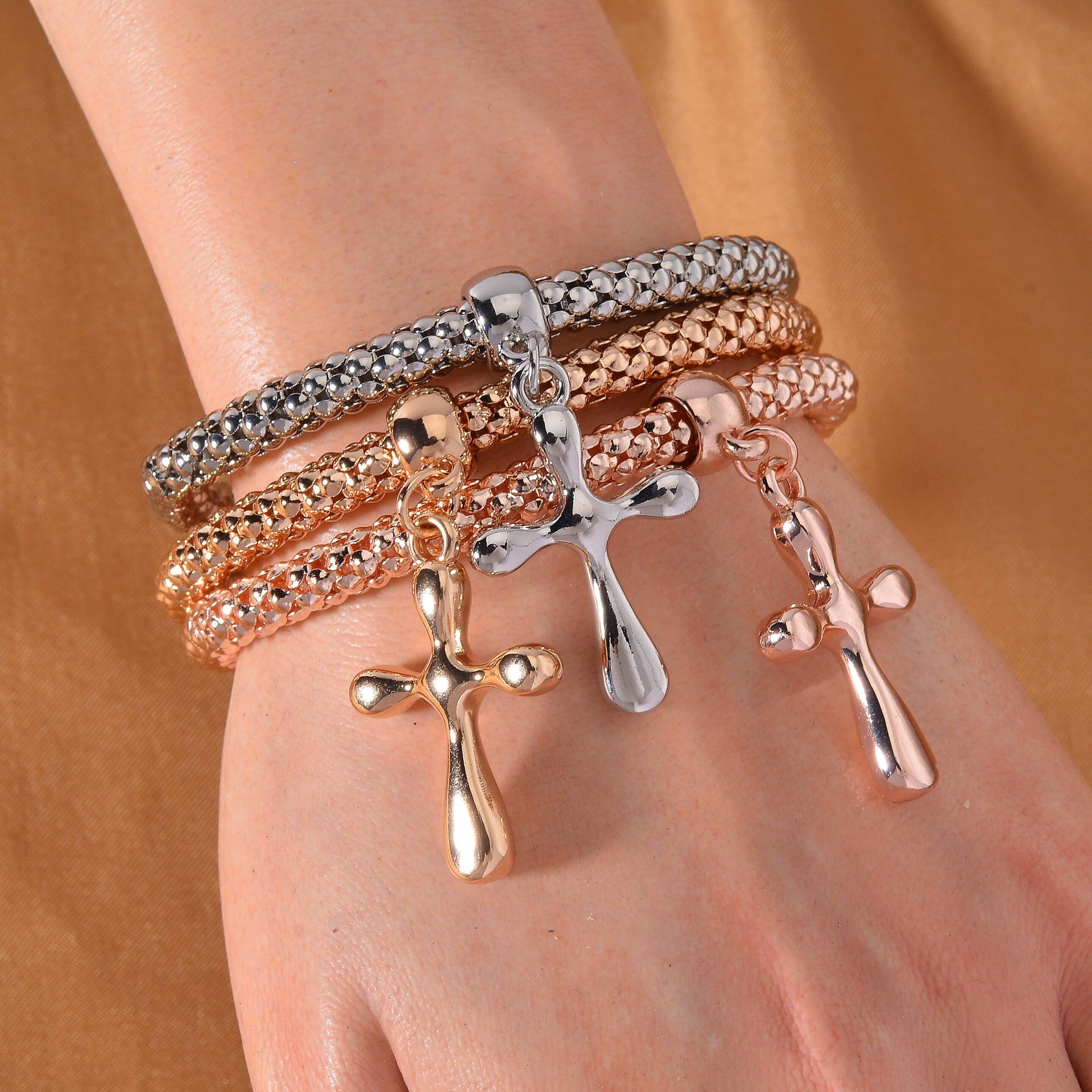 Set of 3 - White Austrian Crystal Cross Charms Bracelet (Size 7.5) 4289652 1
