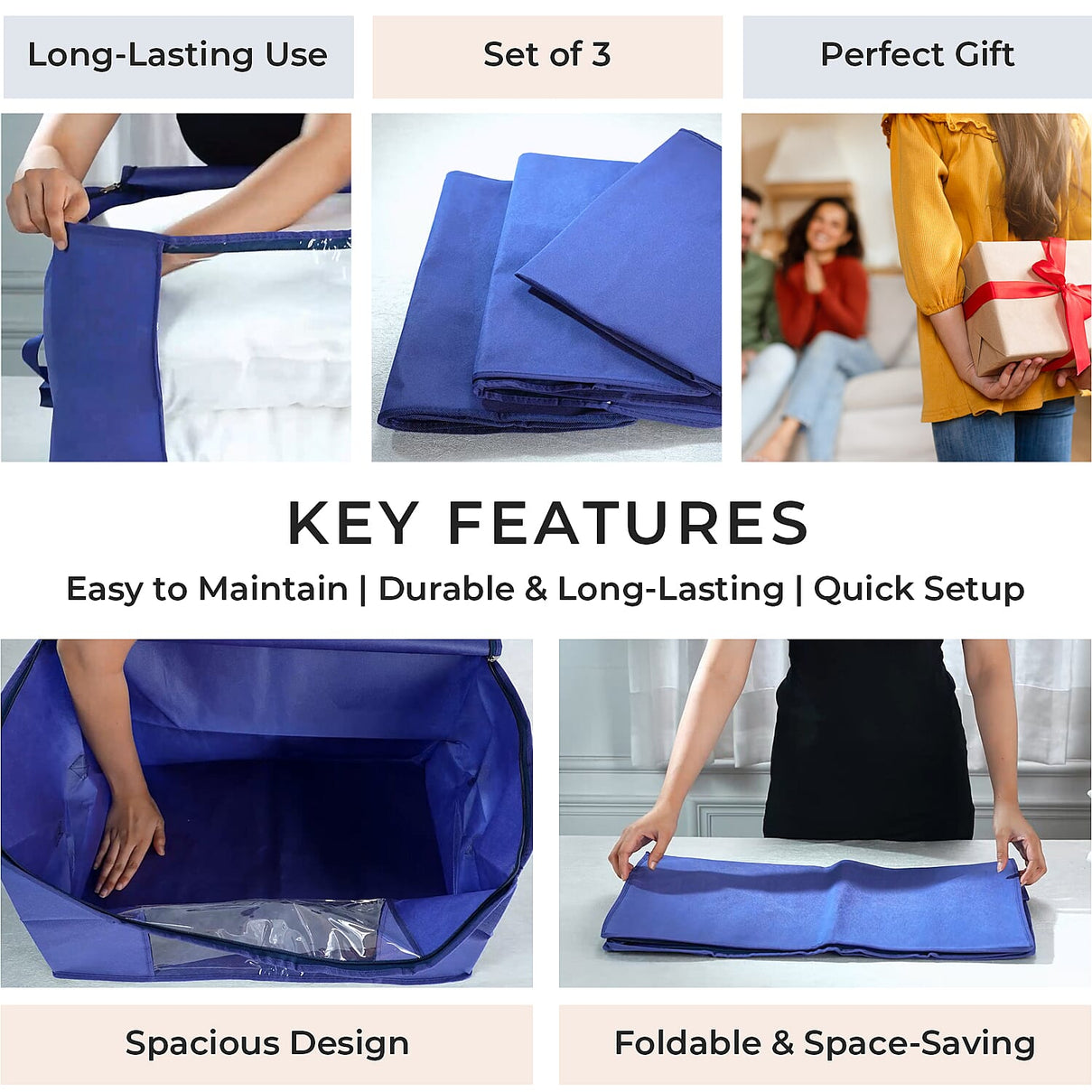 Set of 3 Collapsible Storage Bags with Transparent Window - Blue 8041329 8