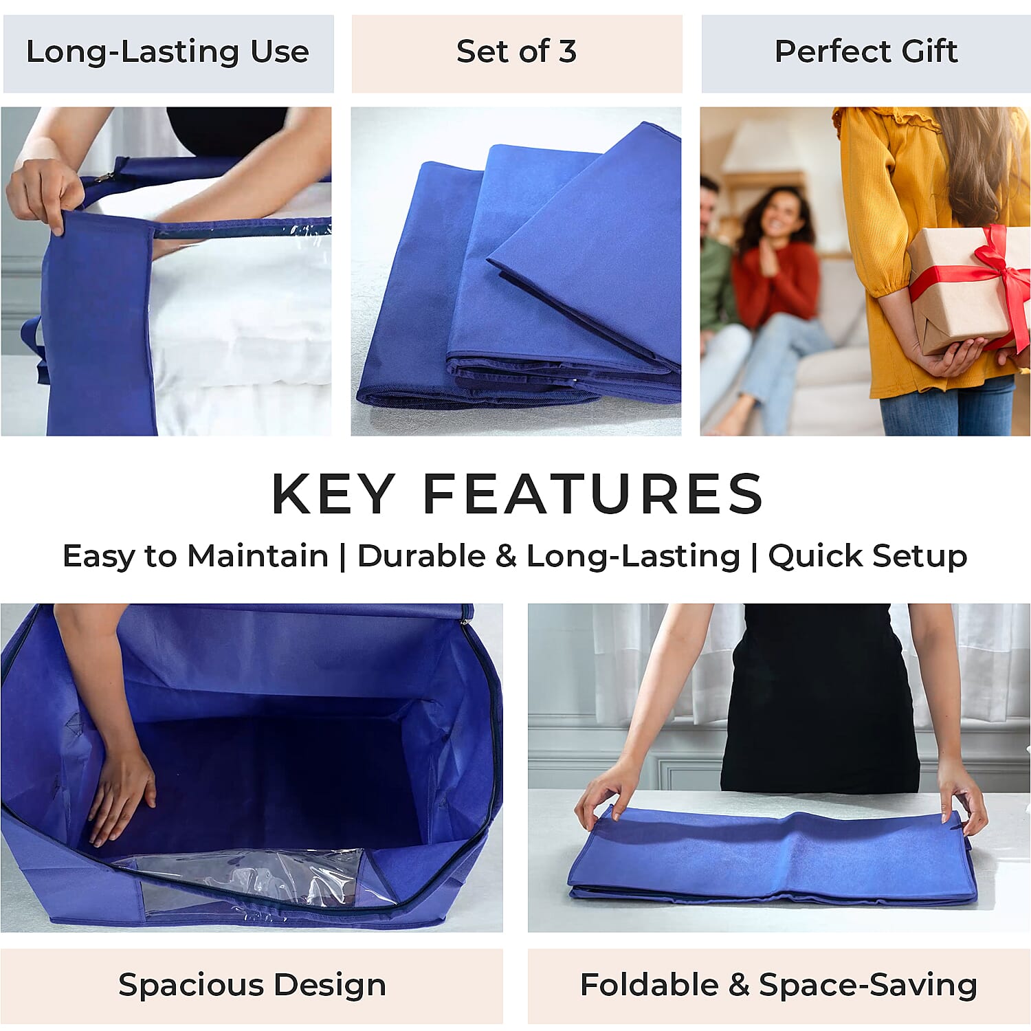 Set of 3 Collapsible Storage Bags with Transparent Window - Blue 8041329 8