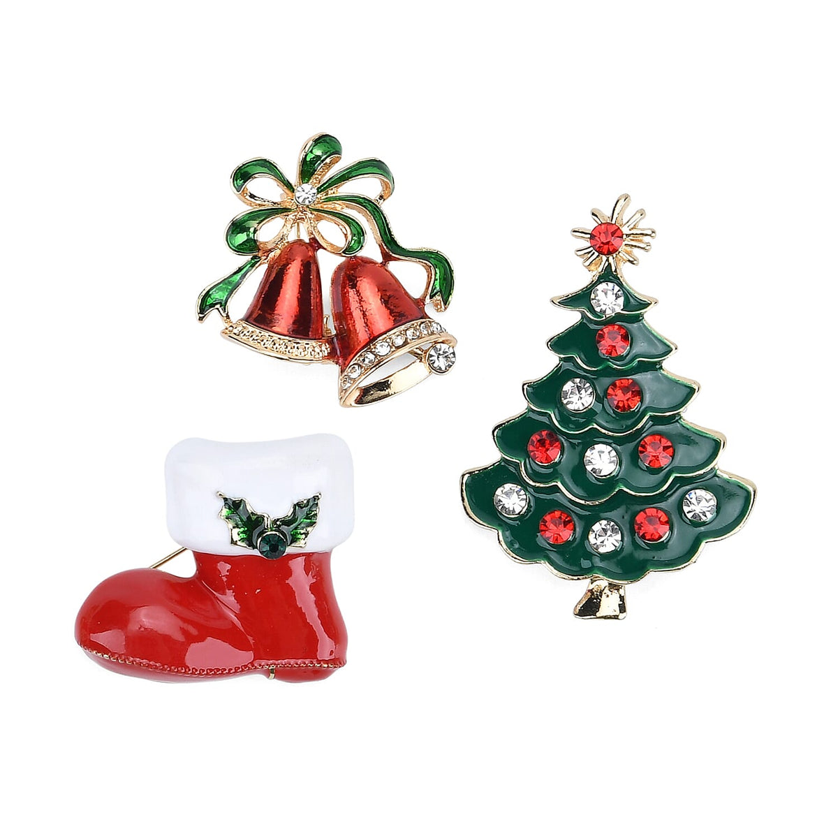 Set of 3 Christmas Enamelled Crystal Brooches - Bells, Boot &amp; Christmas Tree - Multi Colour 8228520 0