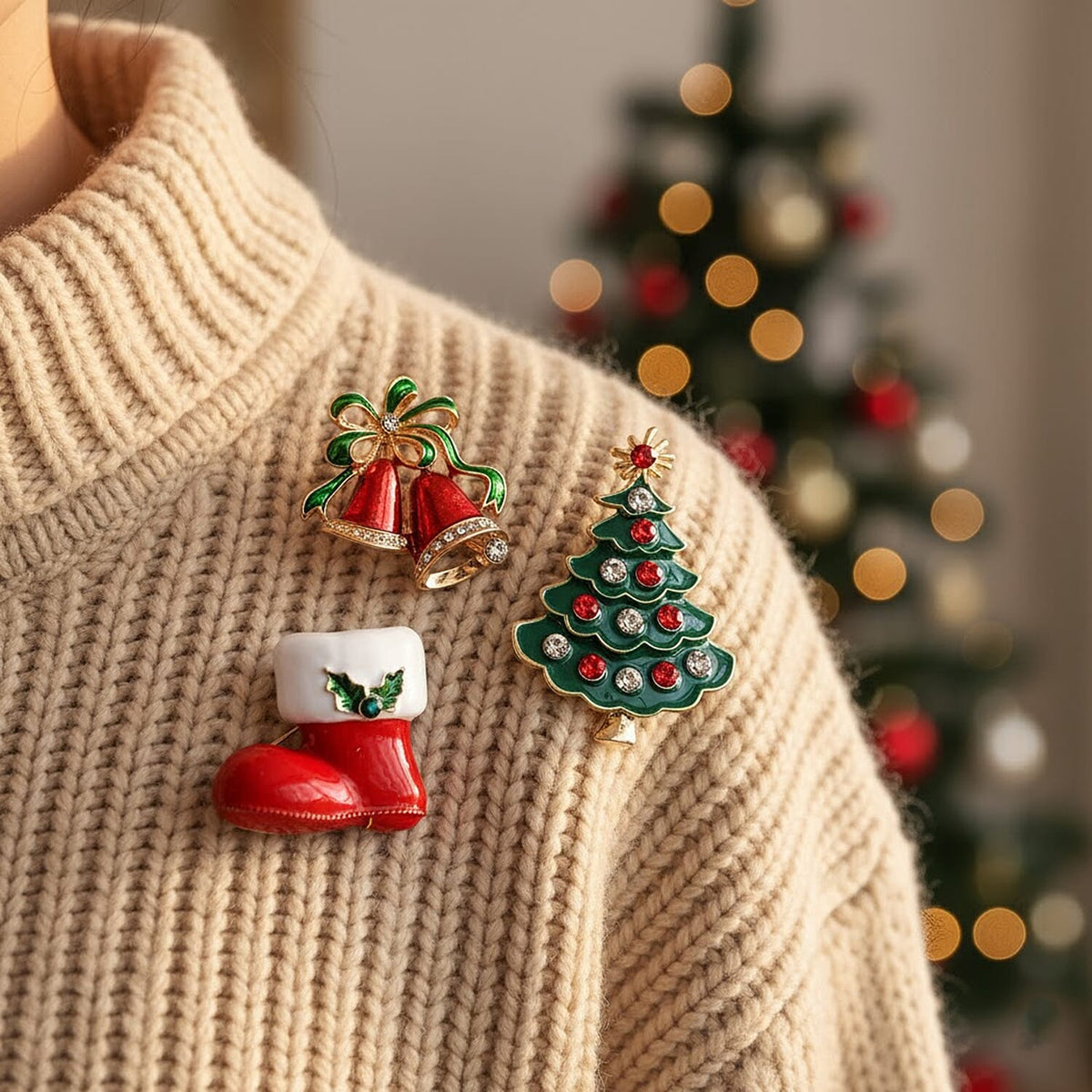 Set of 3 Christmas Enamelled Crystal Brooches - Bells, Boot &amp; Christmas Tree - Multi Colour 8228520 2