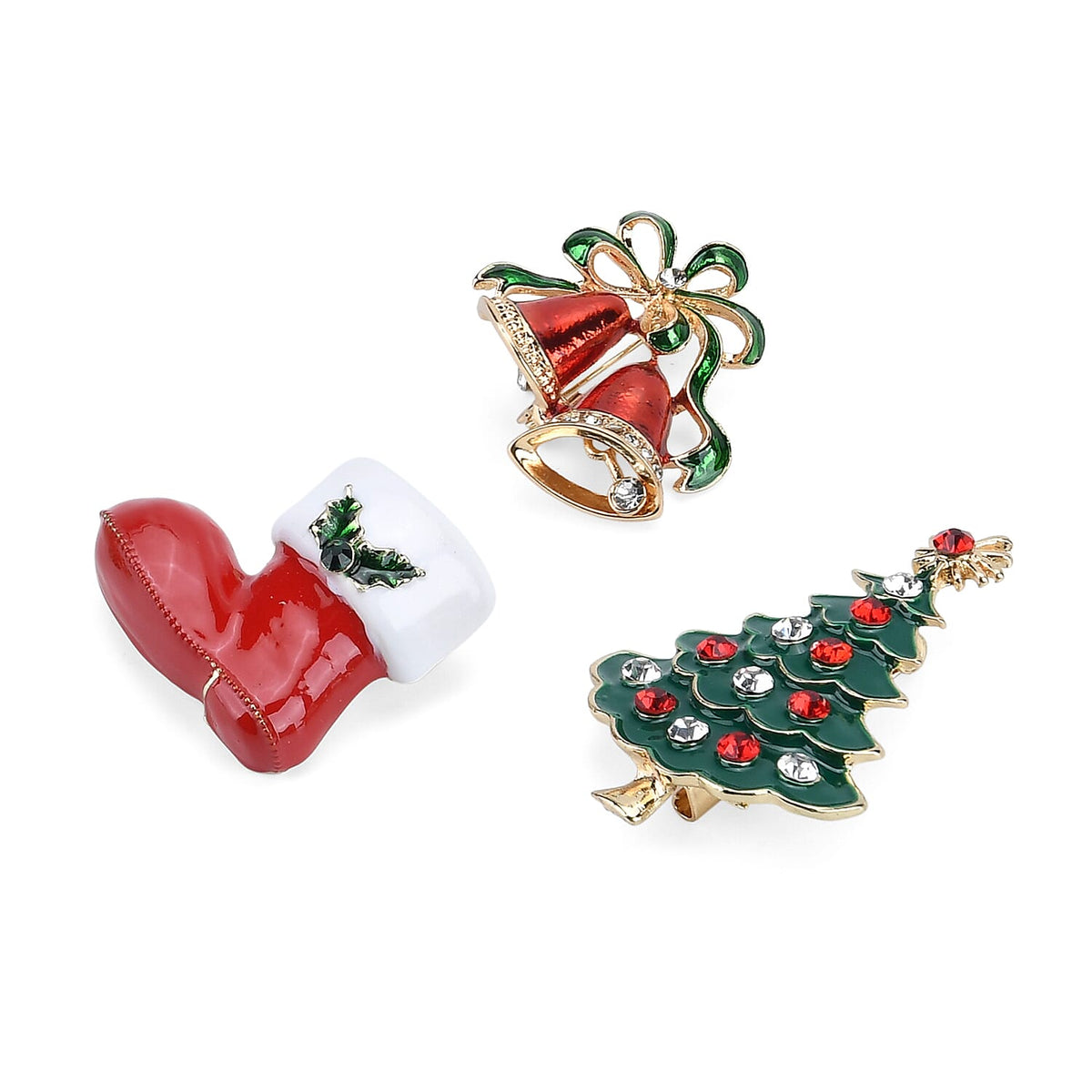 Set of 3 Christmas Enamelled Crystal Brooches - Bells, Boot &amp; Christmas Tree - Multi Colour 8228520 3