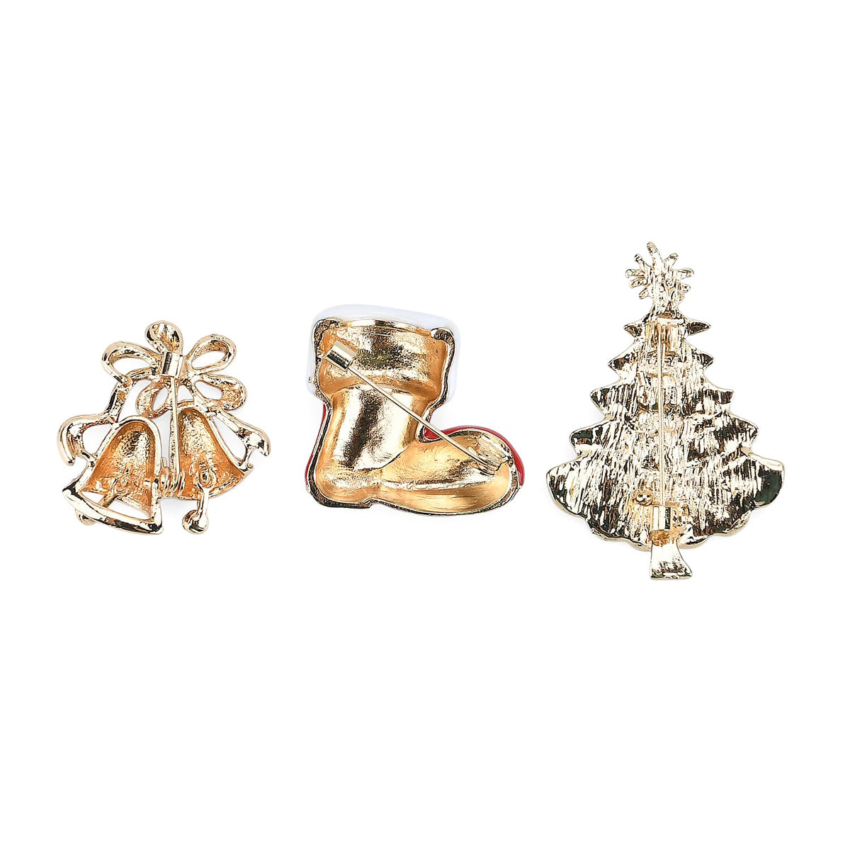 Set of 3 Christmas Enamelled Crystal Brooches - Bells, Boot &amp; Christmas Tree - Multi Colour 8228520 4