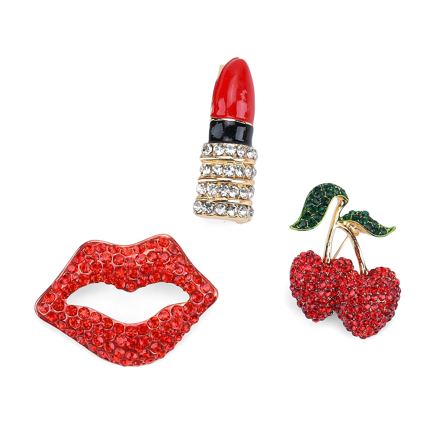 Set of 3 Enamelled Crystal Brooches Lipstick, Cherries &amp; Lips - Multi Colour 8228518 0