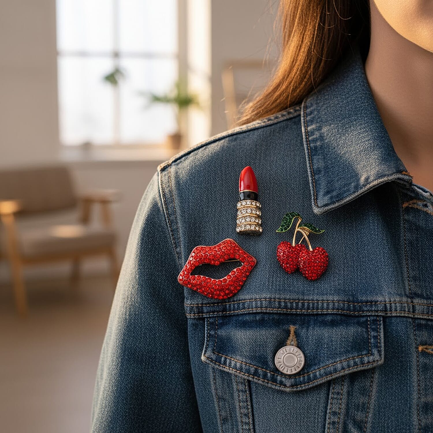 Set of 3 Enamelled Crystal Brooches Lipstick, Cherries &amp; Lips - Multi Colour 8228518 2