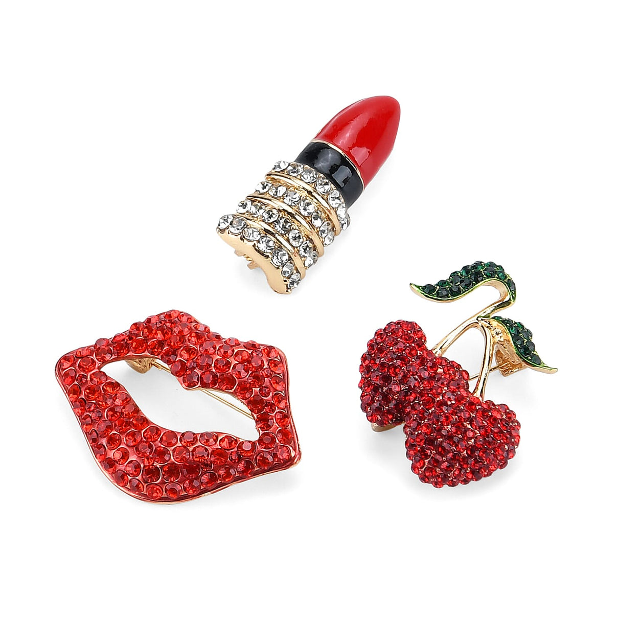 Set of 3 Enamelled Crystal Brooches Lipstick, Cherries &amp; Lips - Multi Colour 8228518 3
