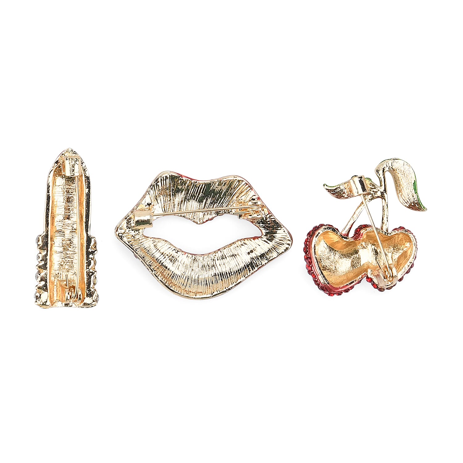 Set of 3 Enamelled Crystal Brooches Lipstick, Cherries &amp; Lips - Multi Colour 8228518 4
