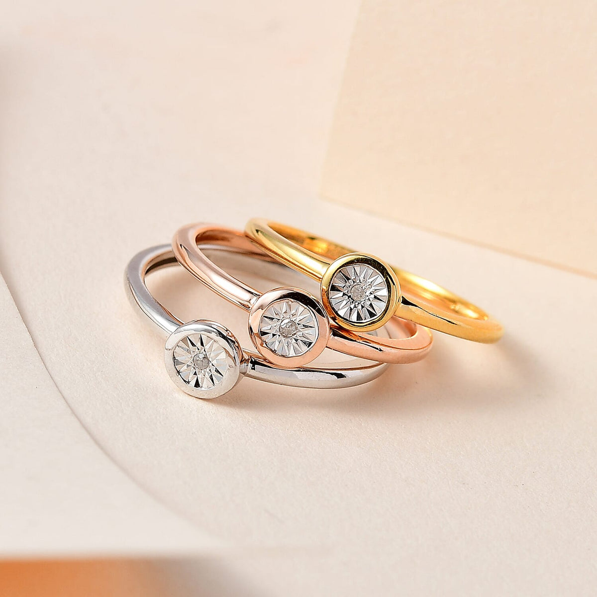 Set of 3 -  Diamond Stackable Ring in Platinum Overlay and 18K Rose and Yellow Gold Vermeil Plated Sterling Silver 0.03 Ct. 4153173 1