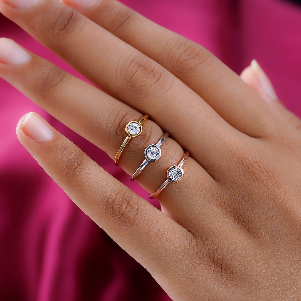 Set of 3 -  Diamond Stackable Ring in Platinum Overlay and 18K Rose and Yellow Gold Vermeil Plated Sterling Silver 0.03 Ct.
