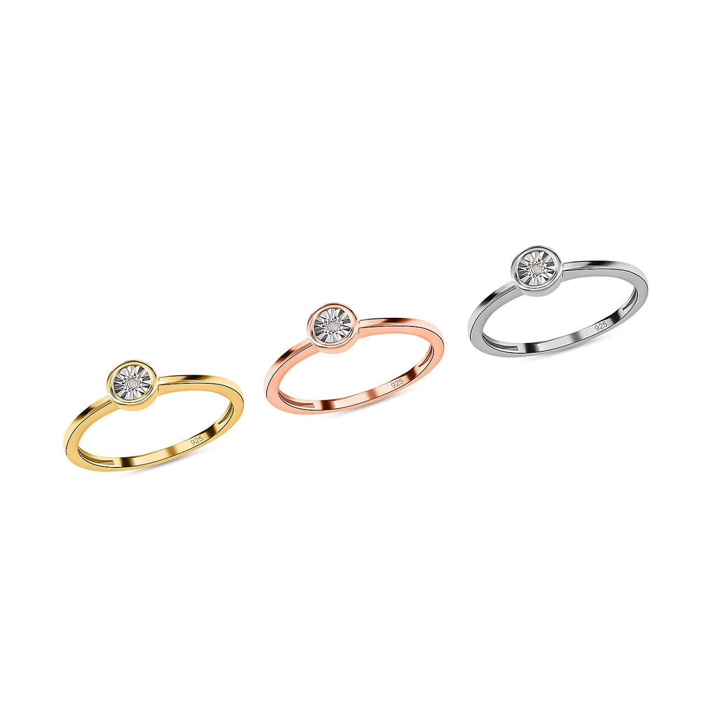 Set of 3 -  Diamond Stackable Ring in Platinum Overlay and 18K Rose and Yellow Gold Vermeil Plated Sterling Silver 0.03 Ct.