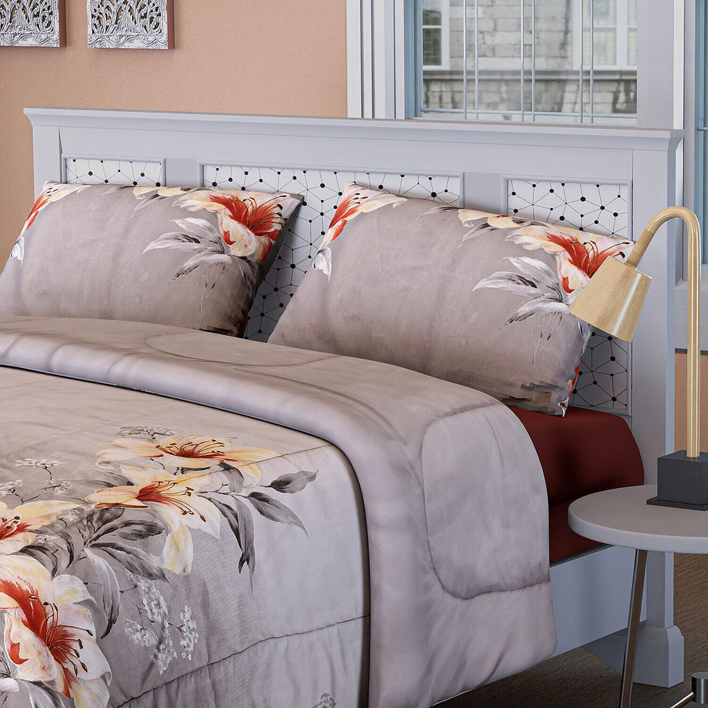 3 Piece Set - Floral Pattern Comforter with 2 Pillowcases (Double Size 200x200 Cm) - Grey