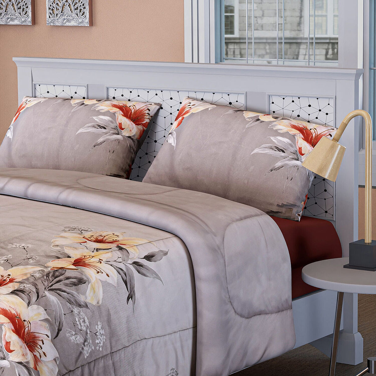 3 Piece Set - Floral Pattern Comforter with 2 Pillowcases (Double Size 200x200 Cm) - Grey 7263465 2