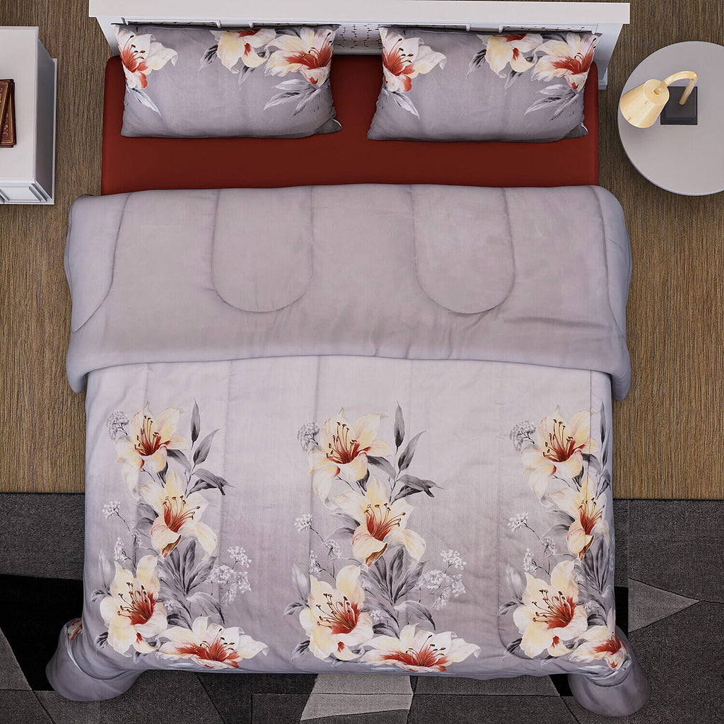 3 Piece Set - Floral Pattern Comforter with 2 Pillowcases (Double Size 200x200 Cm) - Grey