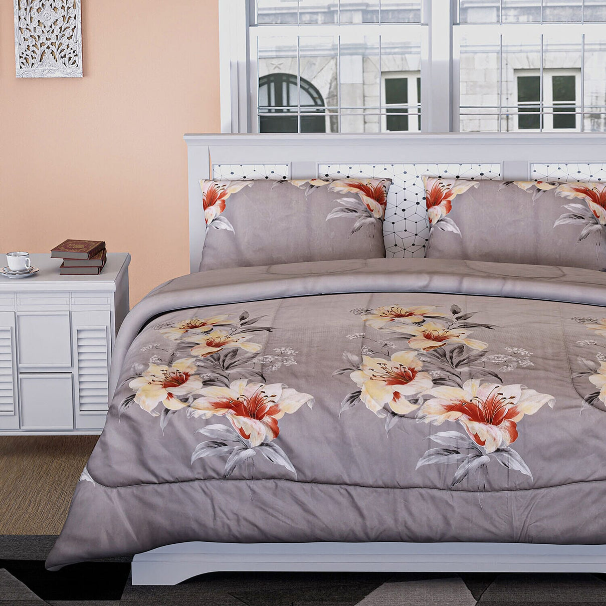 3 Piece Set - Floral Pattern Comforter with 2 Pillowcases (Double Size 200x200 Cm) - Grey 7263465 4