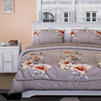 3 Piece Set - Floral Pattern Comforter with 2 Pillowcases (Double Size 200x200 Cm) - Grey