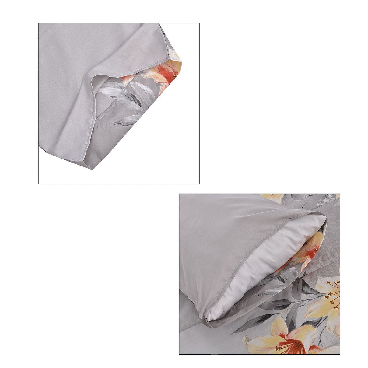 3 Piece Set - Floral Pattern Comforter with 2 Pillowcases (Double Size 200x200 Cm) - Grey 7263465 7