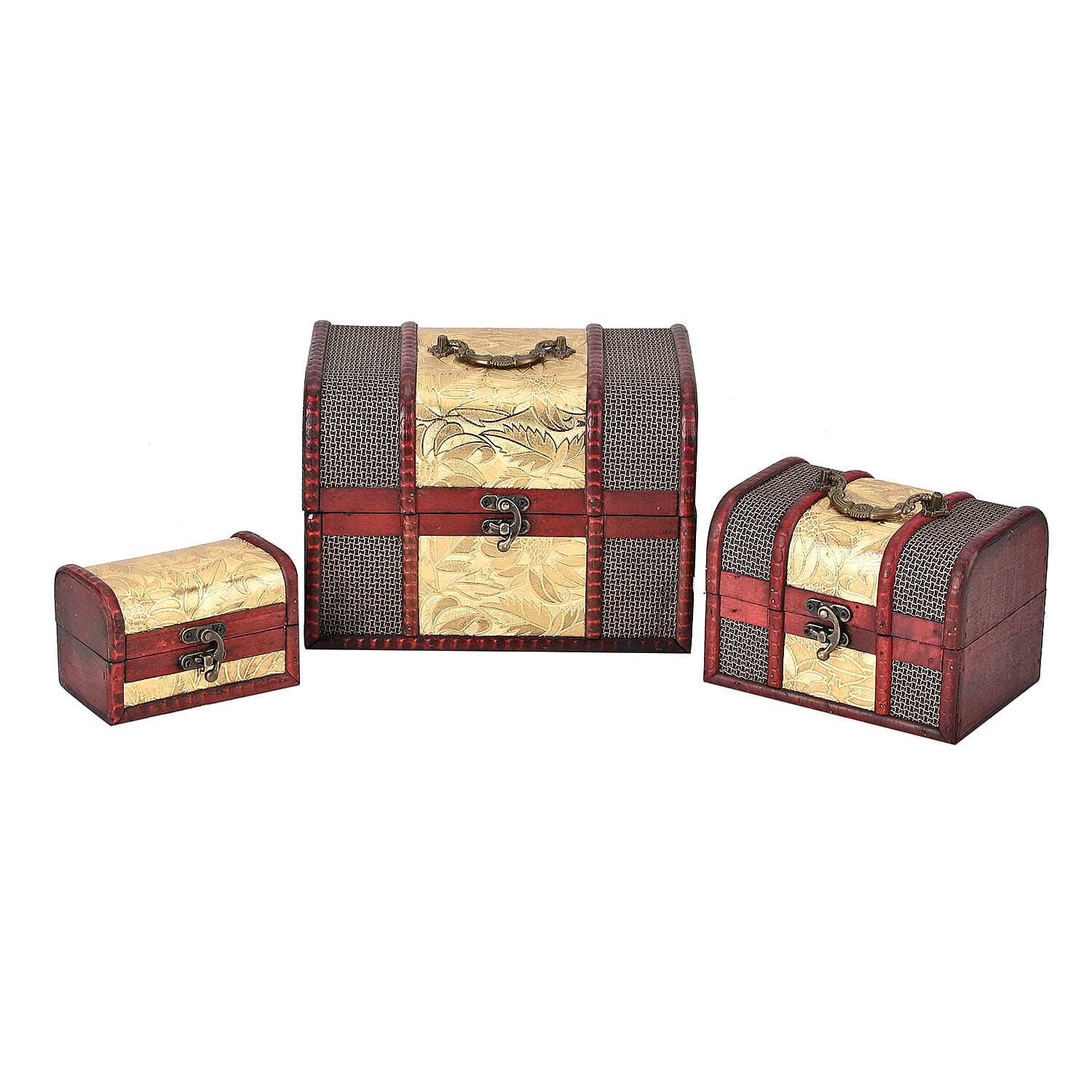Set of 3 Floral Pattern Wooden Chest Boxes - Golden 7566890 0