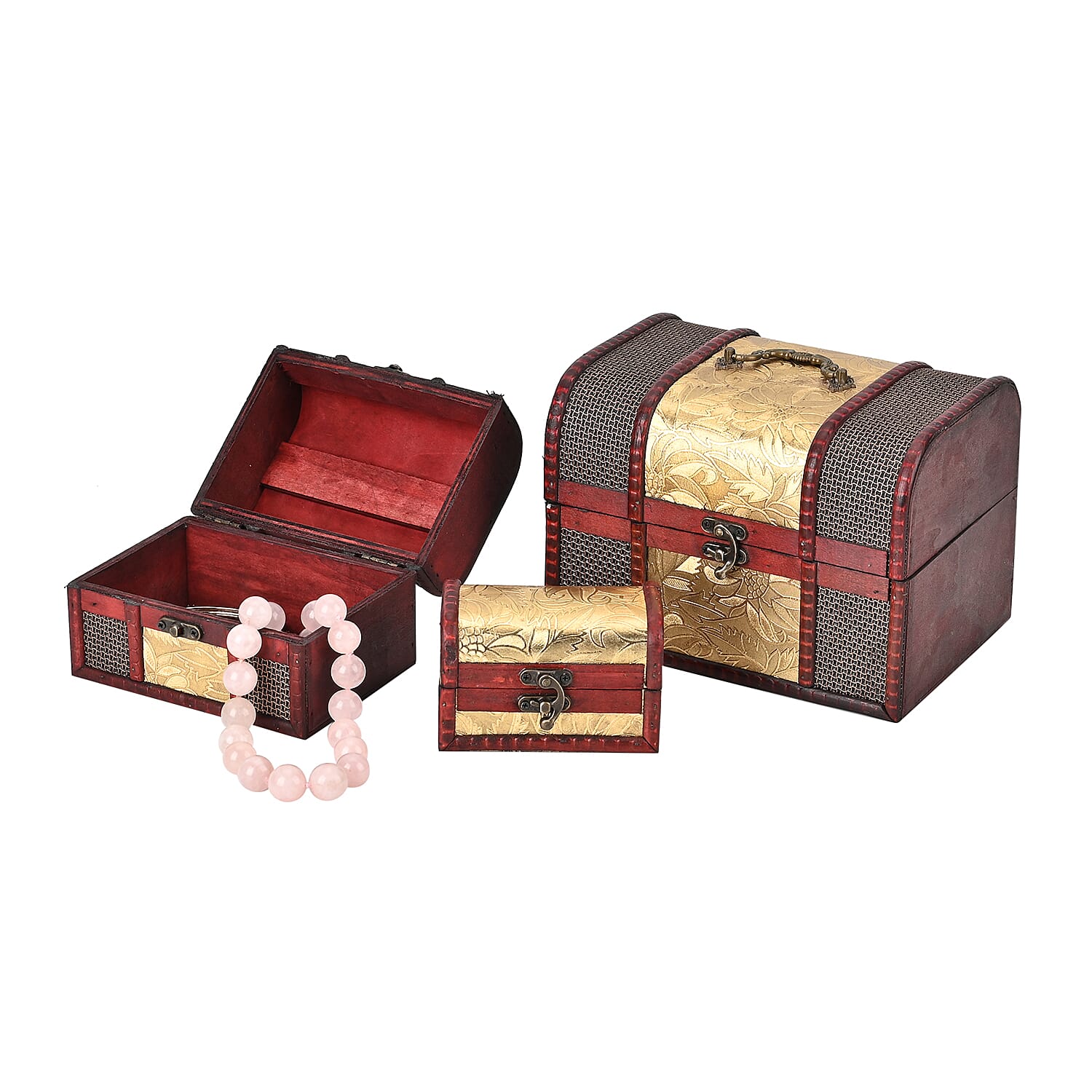 Set of 3 Floral Pattern Wooden Chest Boxes - Golden 7566890 1