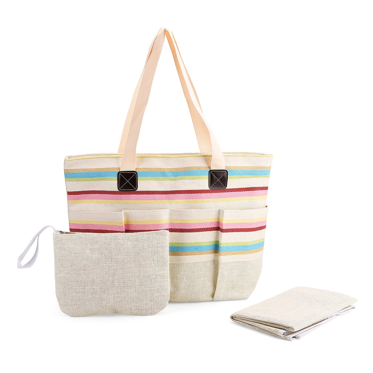 Set of 3: Fringe Color Striped Tote Bag, Pouch &amp; Picnic Mat V32515681 0