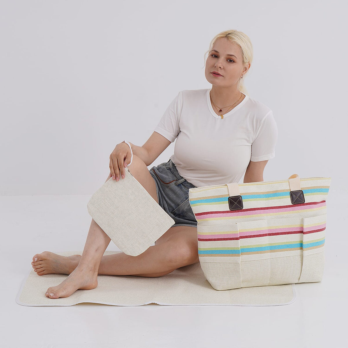 Set of 3: Fringe Color Striped Tote Bag, Pouch &amp; Picnic Mat V32515681 2