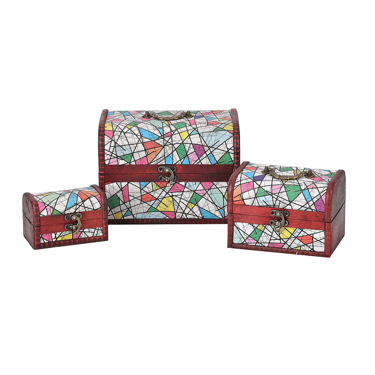 Set of 3 Geometric Pattern Wooden Chest Boxes - Multi 7566898 0