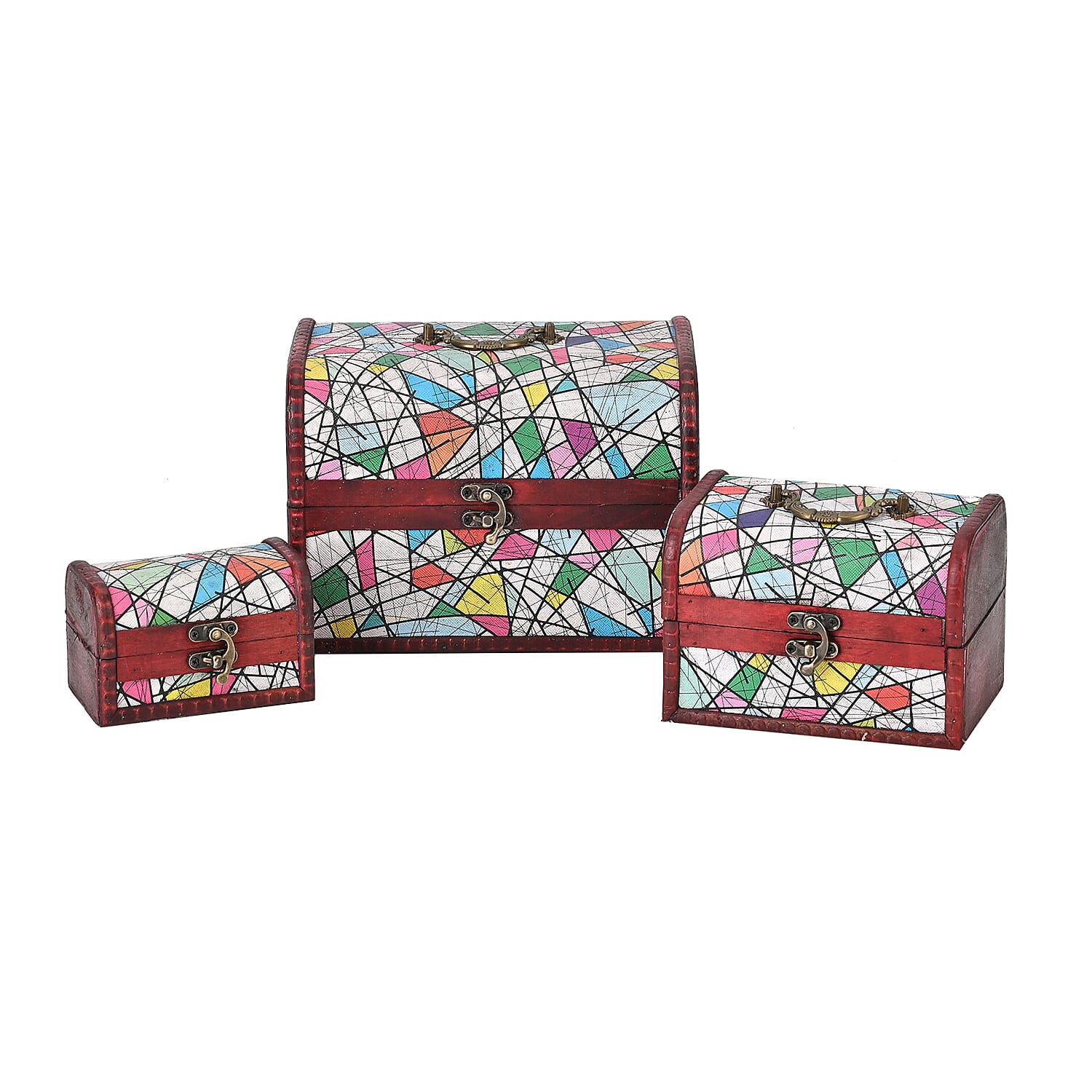 Set of 3 Geometric Pattern Wooden Chest Boxes - Multi 7566898 0