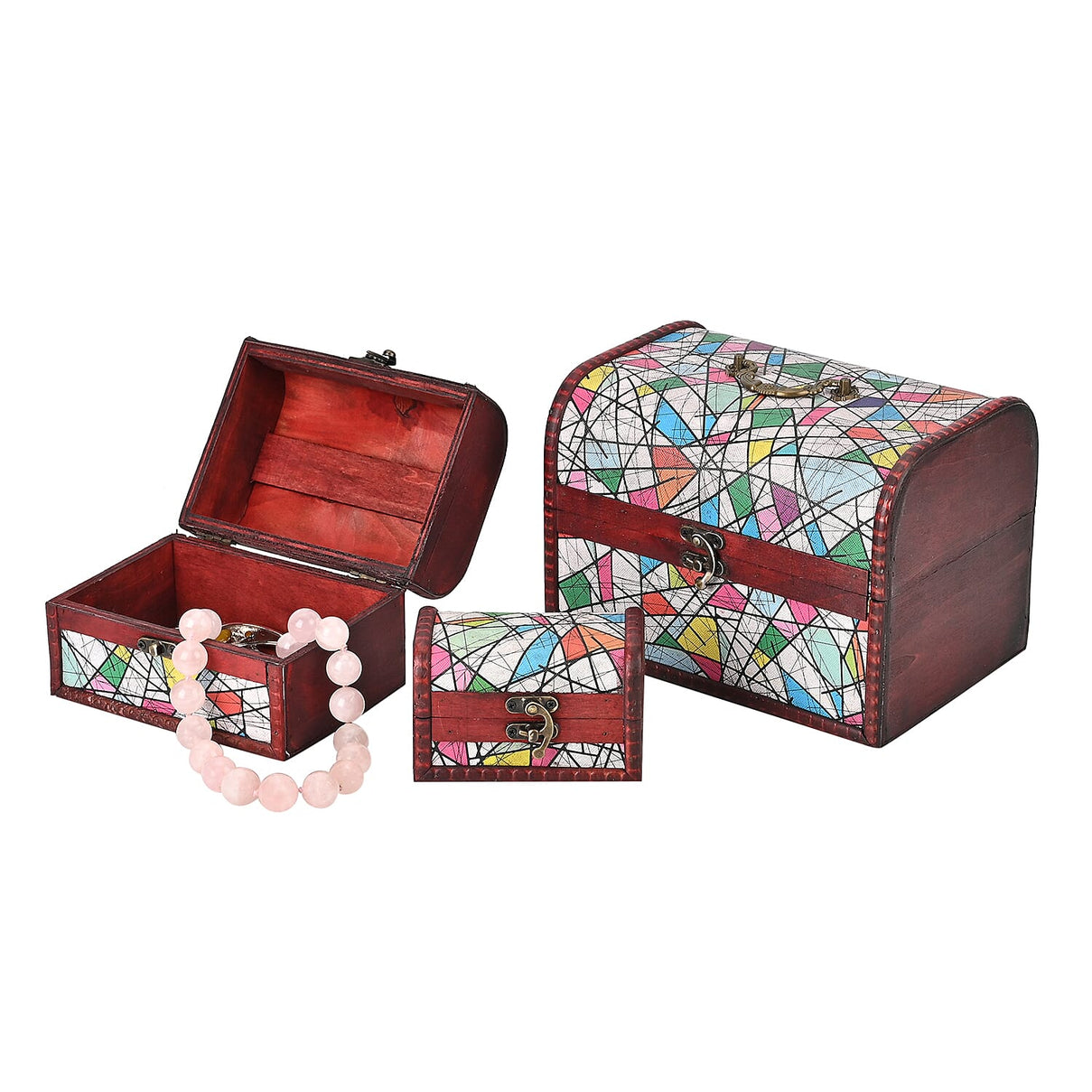 Set of 3 Geometric Pattern Wooden Chest Boxes - Multi 7566898 1