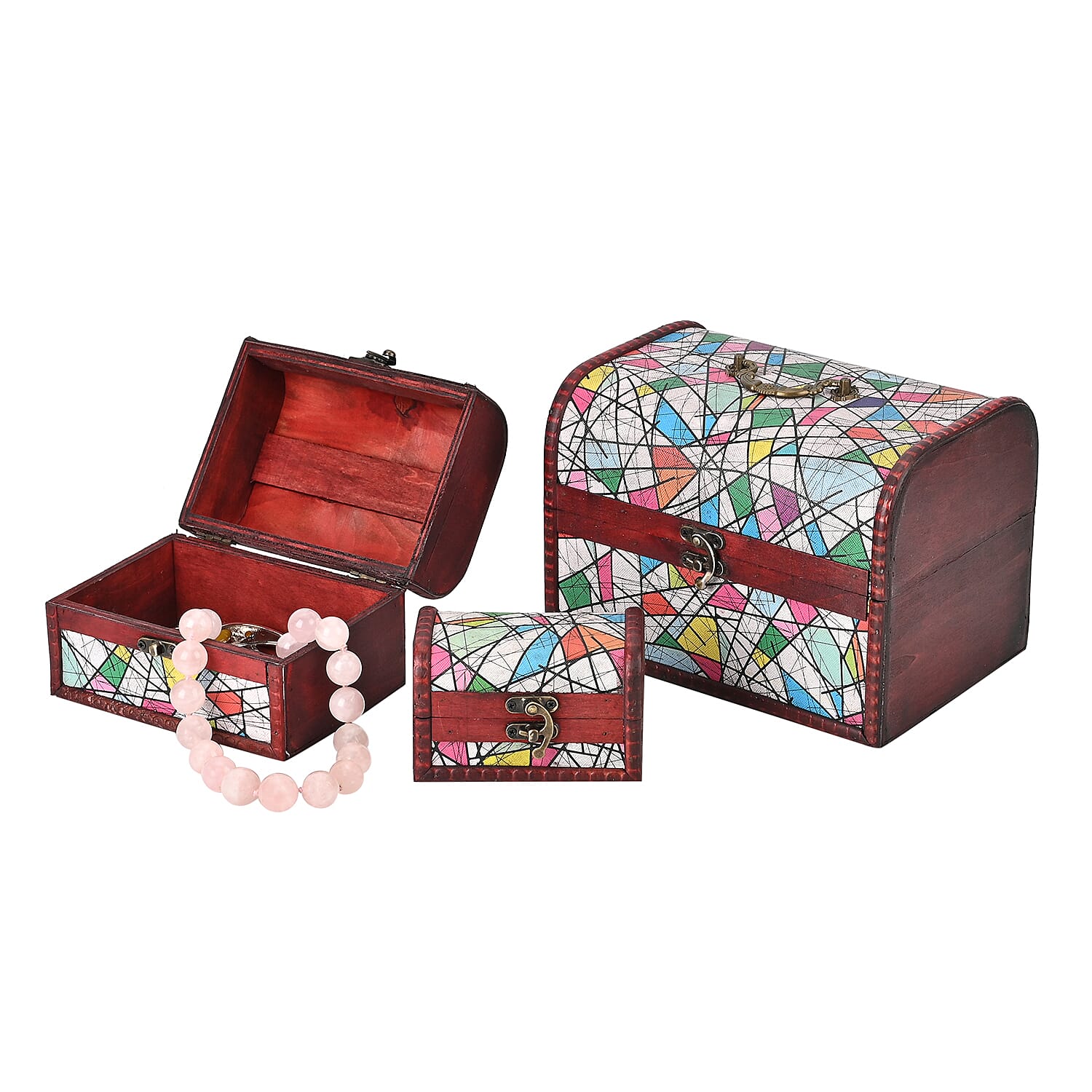 Set of 3 Geometric Pattern Wooden Chest Boxes - Multi 7566898 1