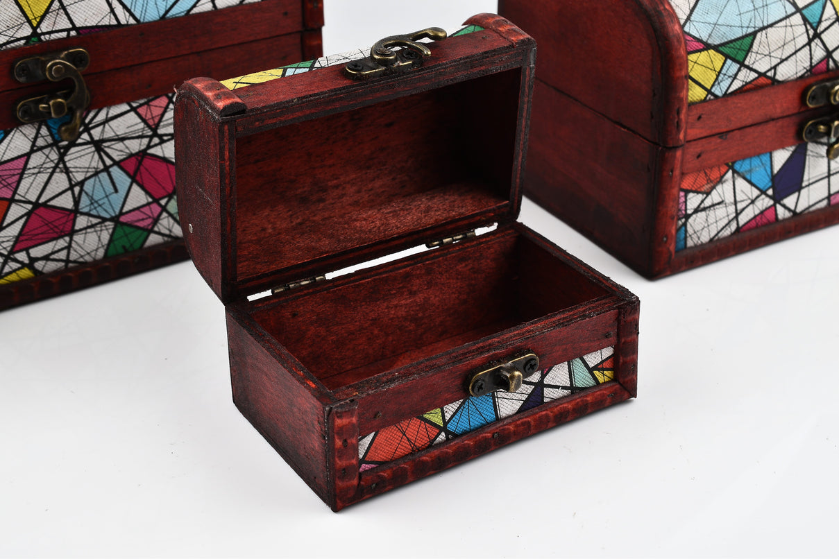 Set of 3 Geometric Pattern Wooden Chest Boxes - Multi 7566898 9