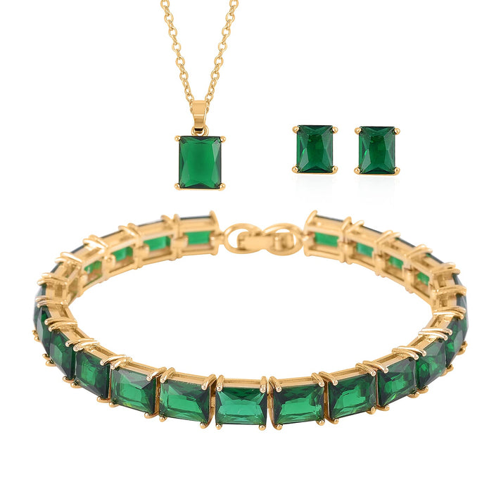 Set of 3 - Green Cubic Zirconia Bracelet (Size - 7), Push Back Earring &amp; Pendant with Chain (Size 20-2 Ext) in Yellow Gold Tone 8.20 Ct. 4470359 1