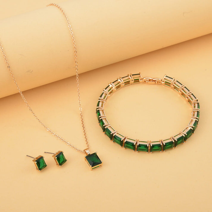 Set of 3 - Green Cubic Zirconia Bracelet (Size - 7), Push Back Earring &amp; Pendant with Chain (Size 20-2 Ext) in Yellow Gold Tone 8.20 Ct. 4470359 2