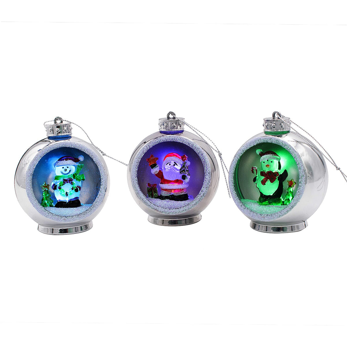 Set of 3 Hanging Light Up Baubles with Christmas Scene - Silver - Batteries Included 7551556 0