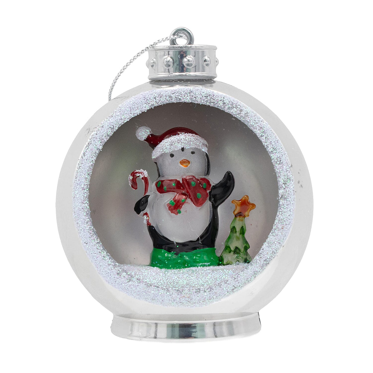 Set of 3 Hanging Light Up Baubles with Christmas Scene - Silver - Batteries Included 7551556 1