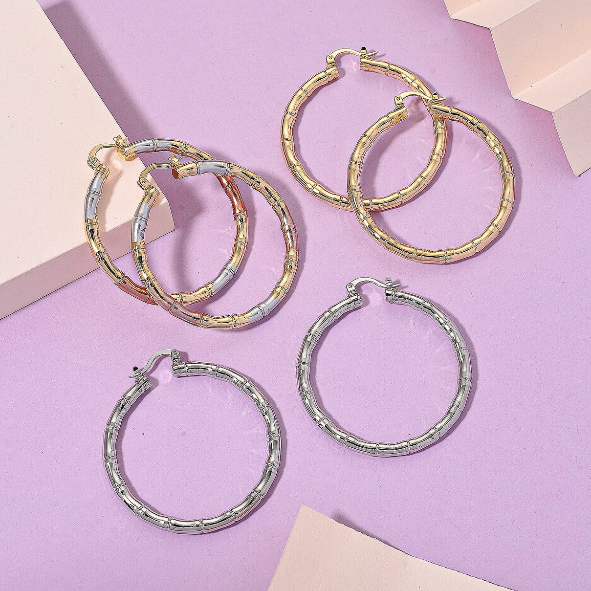 Set of 3 - Hoop Earrings with Clasp in Tri Colour Tone 4423828 2