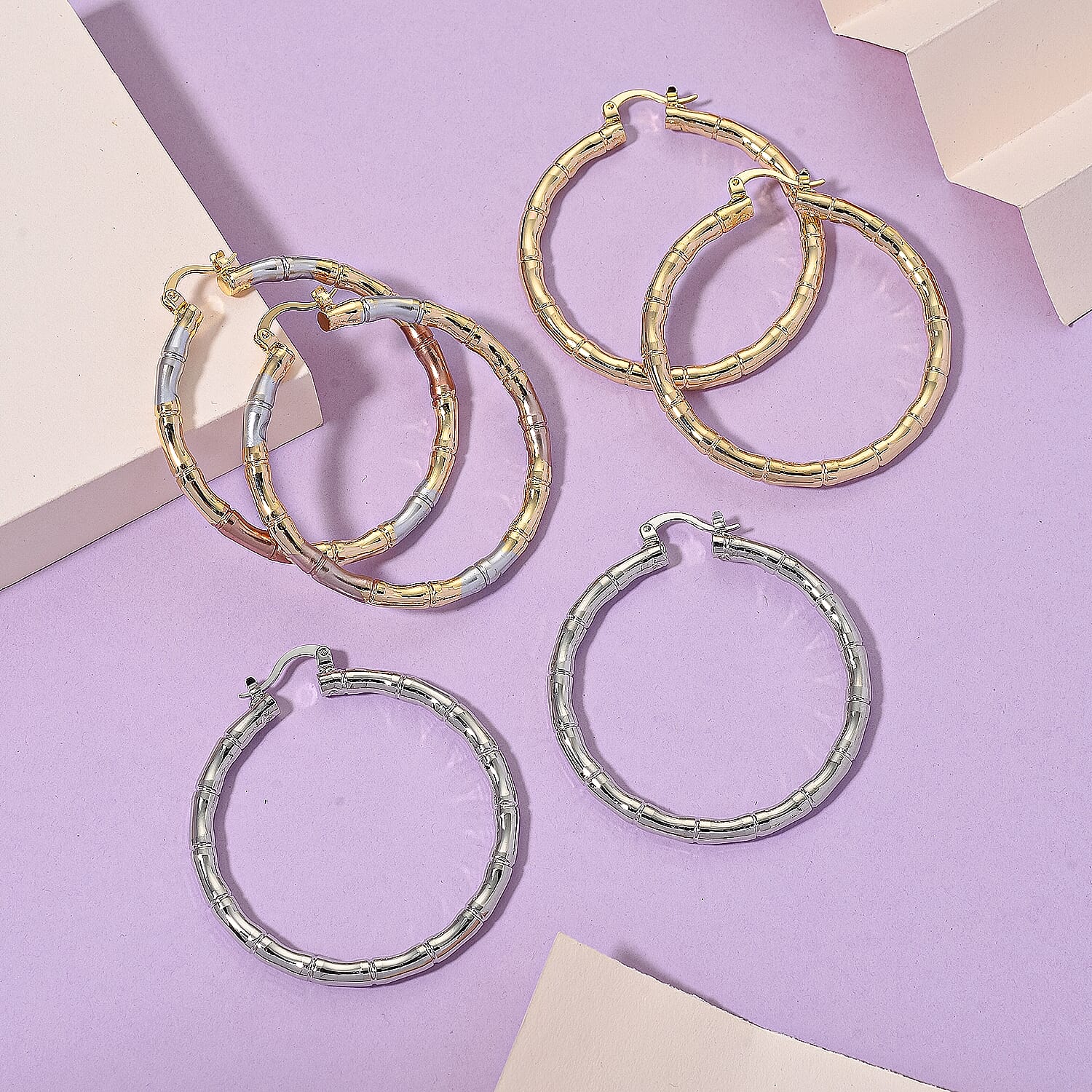 Set of 3 - Hoop Earrings with Clasp in Tri Colour Tone 4423828 2