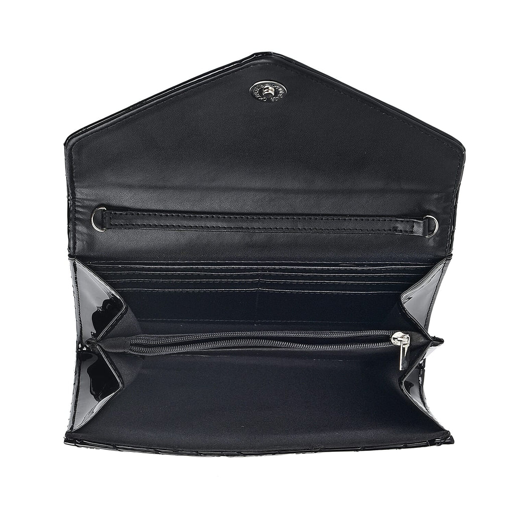 Designer Inspired -V-Shaped Quilted Pattern Leatherette Crossbody Bag With Detachable Shoulder Strap & Swingy Metal Tassel - Black