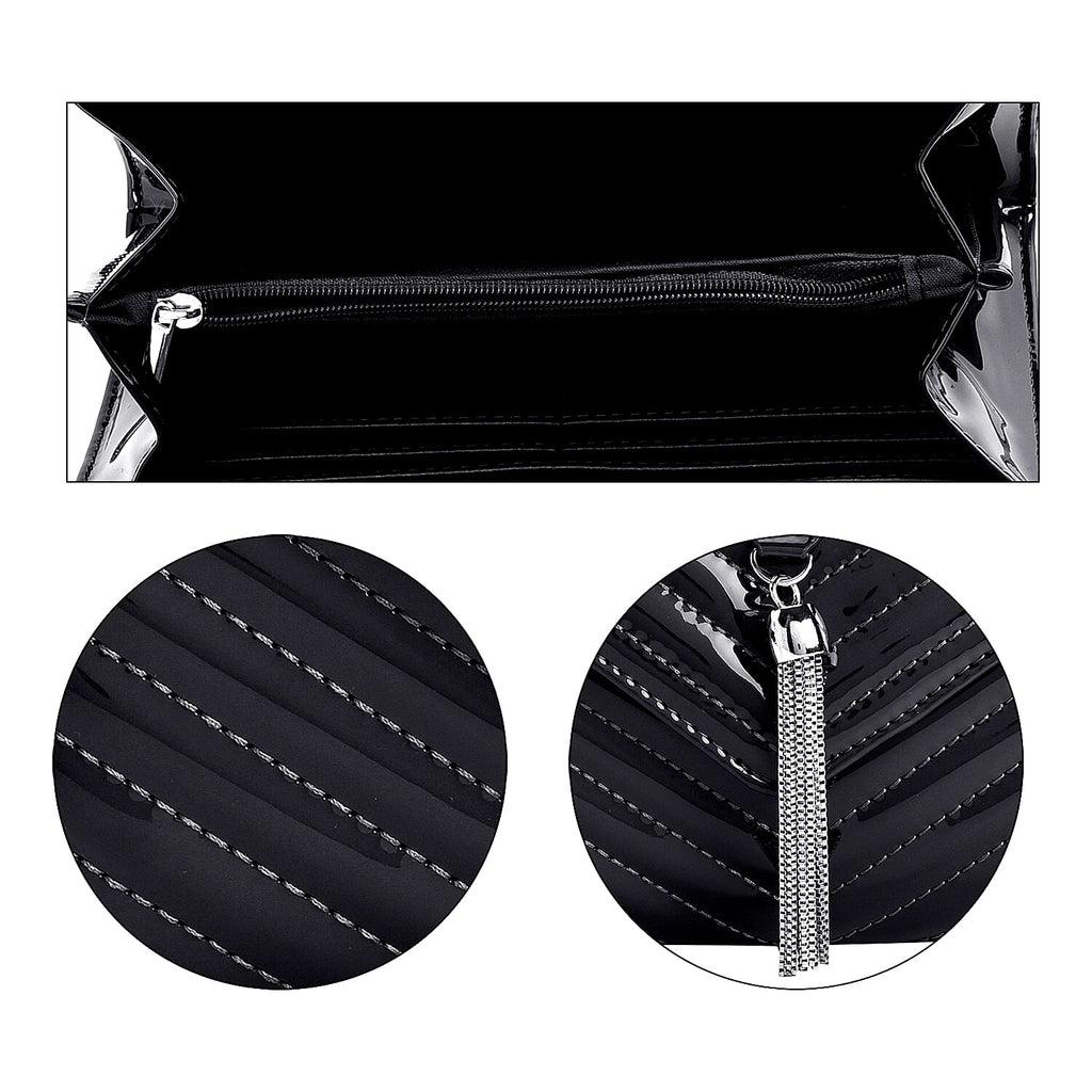 Designer Inspired -V-Shaped Quilted Pattern Leatherette Crossbody Bag With Detachable Shoulder Strap & Swingy Metal Tassel - Black