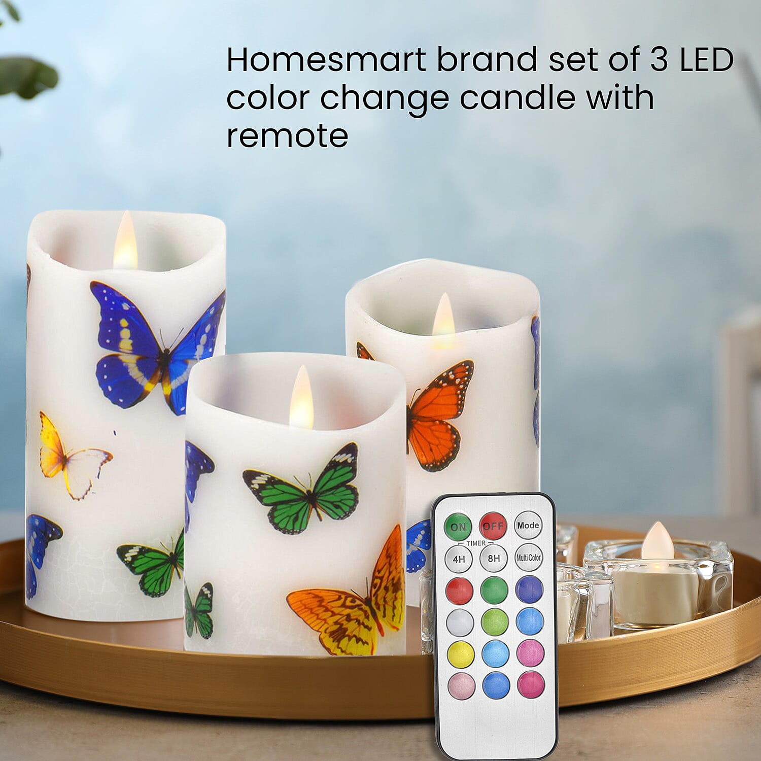Set of 3 - LED Colour Changing Butterfly Pattern Candle with Remote (AAA Battery Not Inc.) - Multi 7258341 2