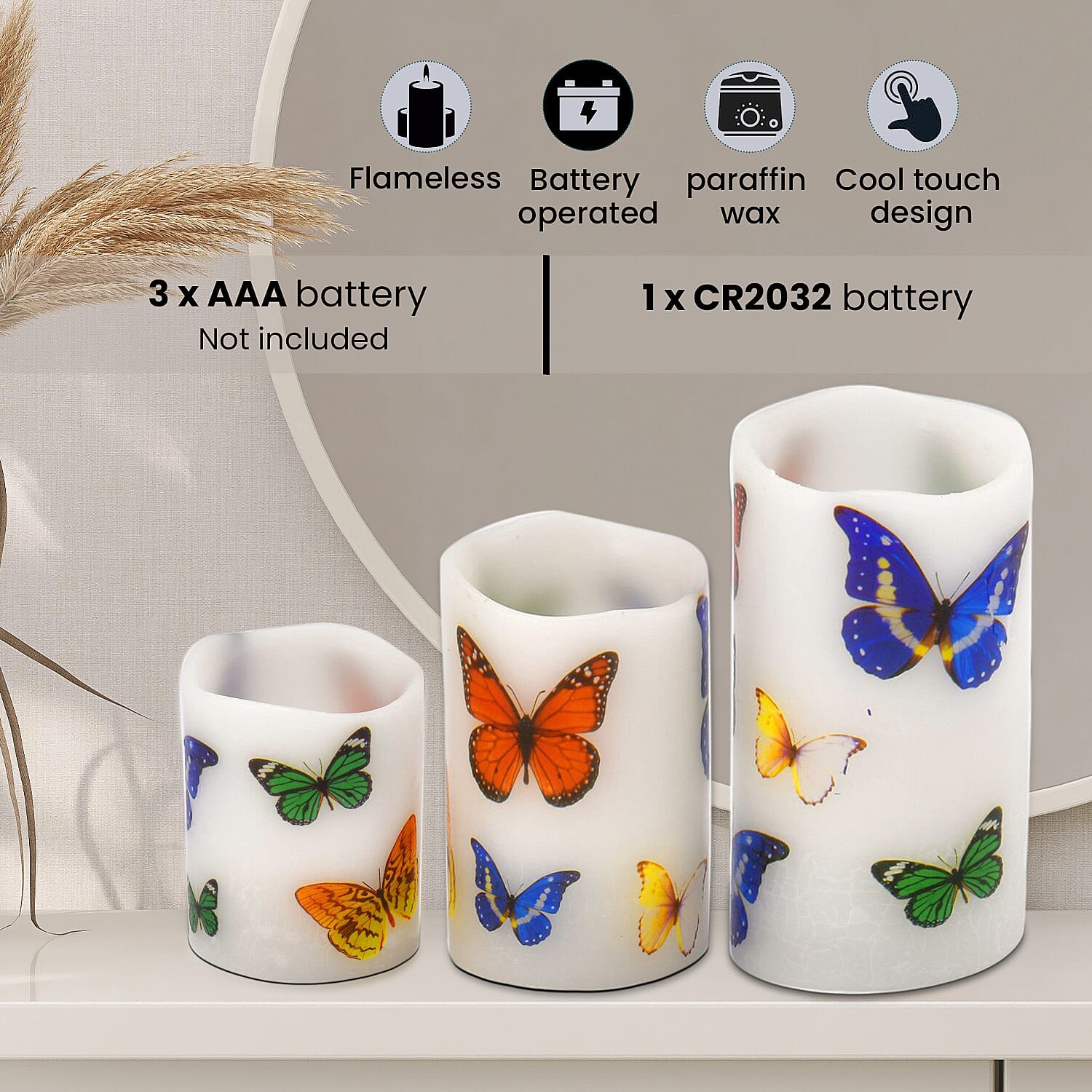 Set of 3 - LED Colour Changing Butterfly Pattern Candle with Remote (AAA Battery Not Inc.) - Multi 7258341 4
