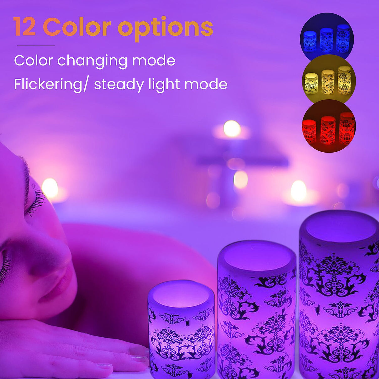 Set of 3 - LED Colour Changing Damask Pattern Candle with Remote (AAA Battery Not Inc.) - Multi 7258367 3