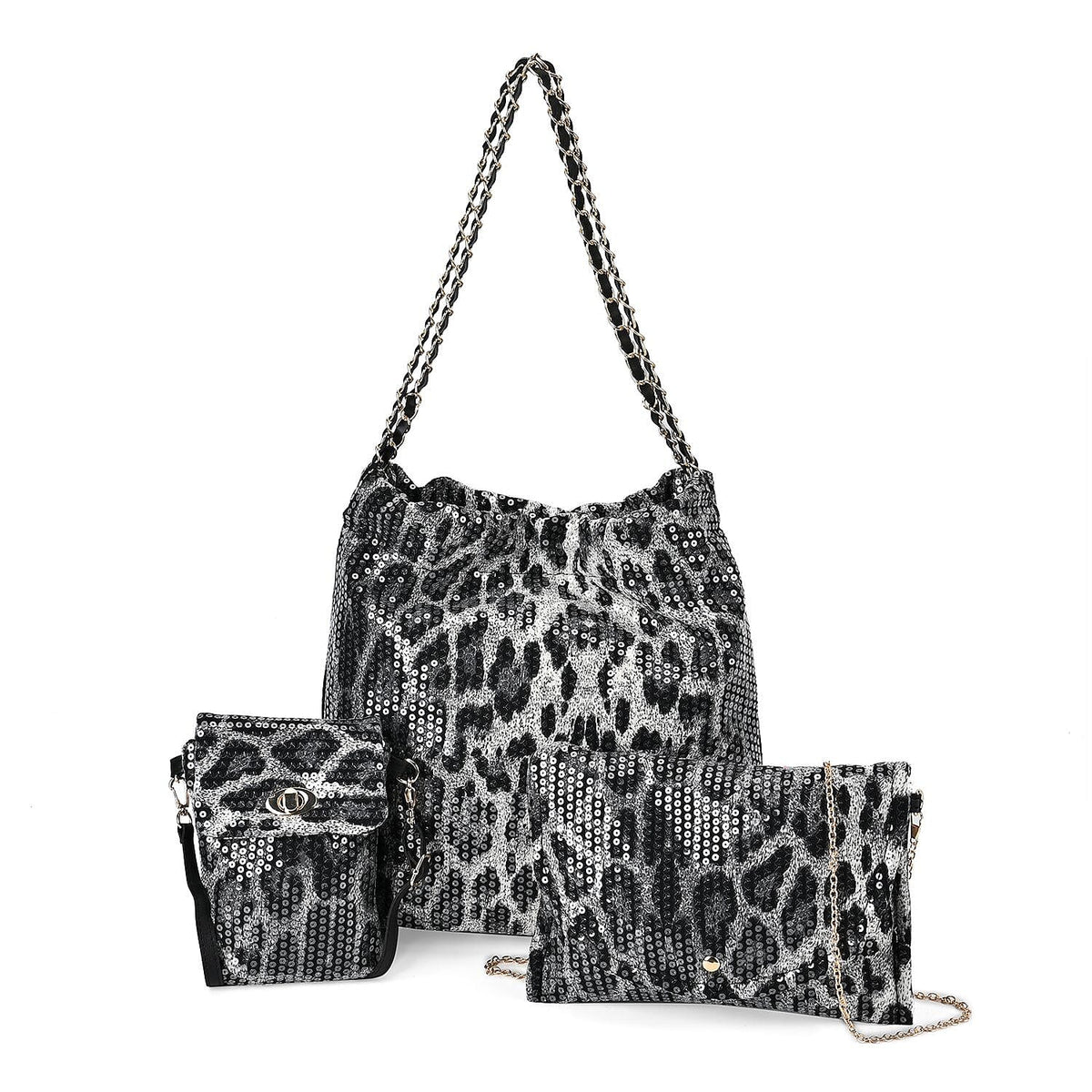 Set of 3 Leopard Print Sequin Bag (Includes Shoulder Bag, Crossbody Bag - Clutch Bag) - Grey 7618655 0