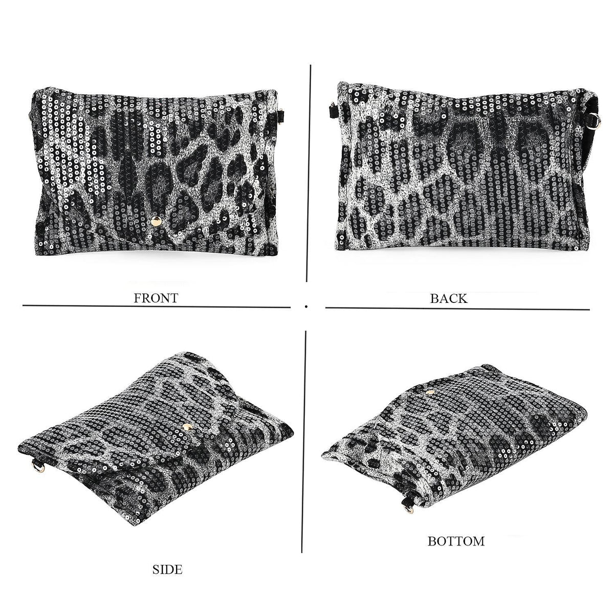 Set of 3 Leopard Print Sequin Bag (Includes Shoulder Bag, Crossbody Bag - Clutch Bag) - Grey 7618655 7
