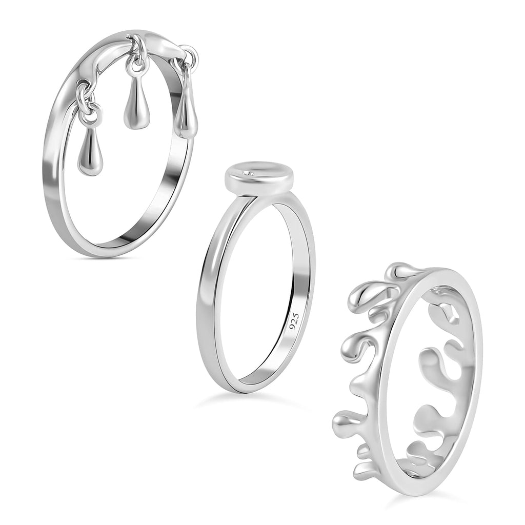 Set of 3 - LucyQ Ocean, Button and Triple Drip Ring in Rhodium Plated Sterling Silver, Silver Wt 8.00 Gms.