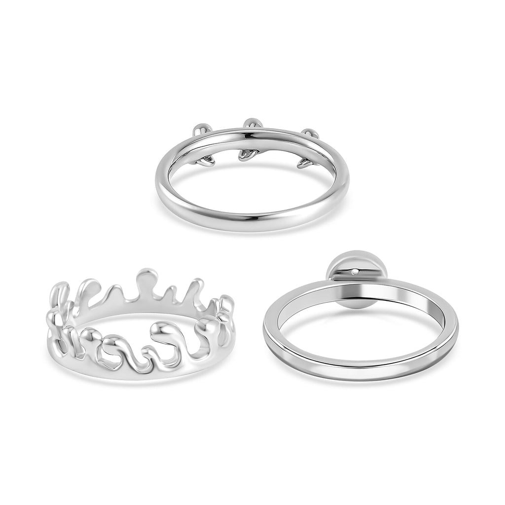 Set of 3 - LucyQ Ocean, Button and Triple Drip Ring in Rhodium Plated Sterling Silver, Silver Wt 8.00 Gms.